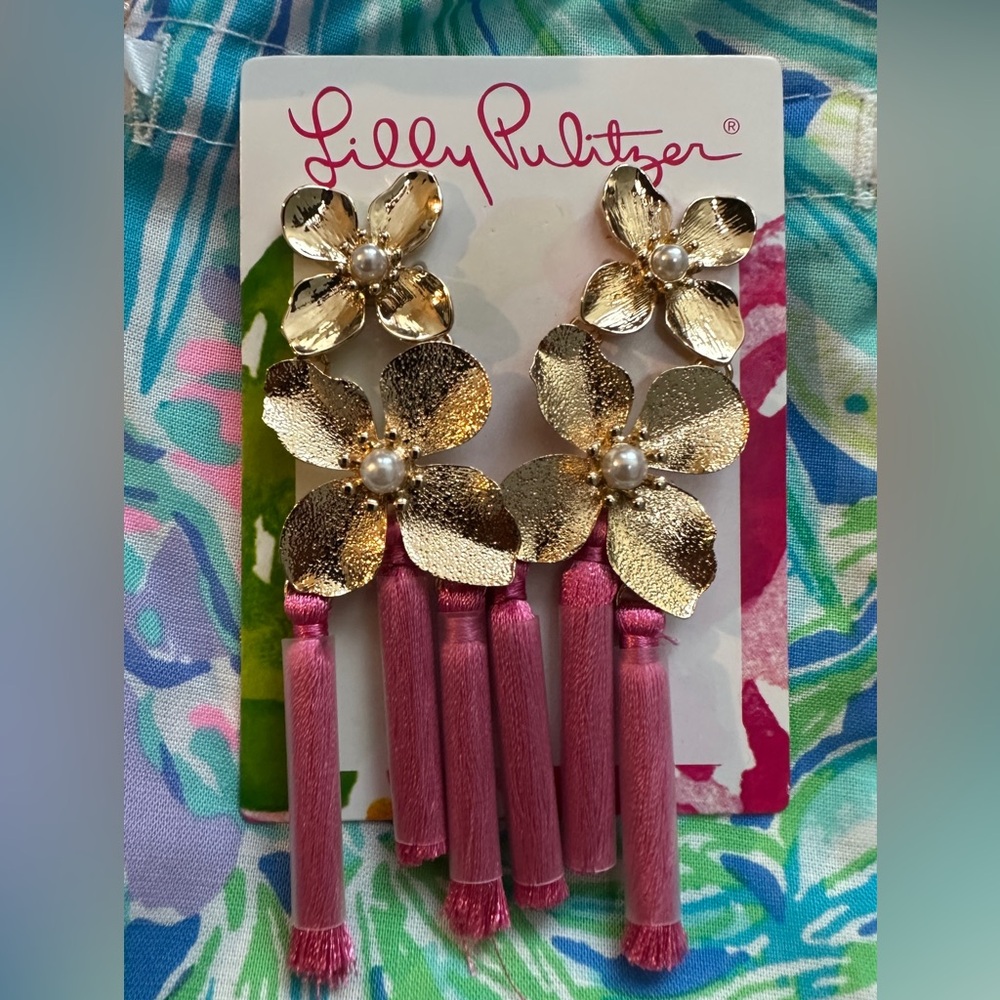 Lilly Pulitzer NEW! Via Floral Tassel Earrings  in Roxie Pink  with Tassels